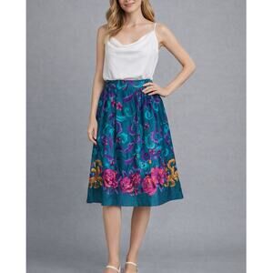 Vintage 90s Bright Teal Floral Midi Skirt Womens Small Artsy Cottage Euro Summer